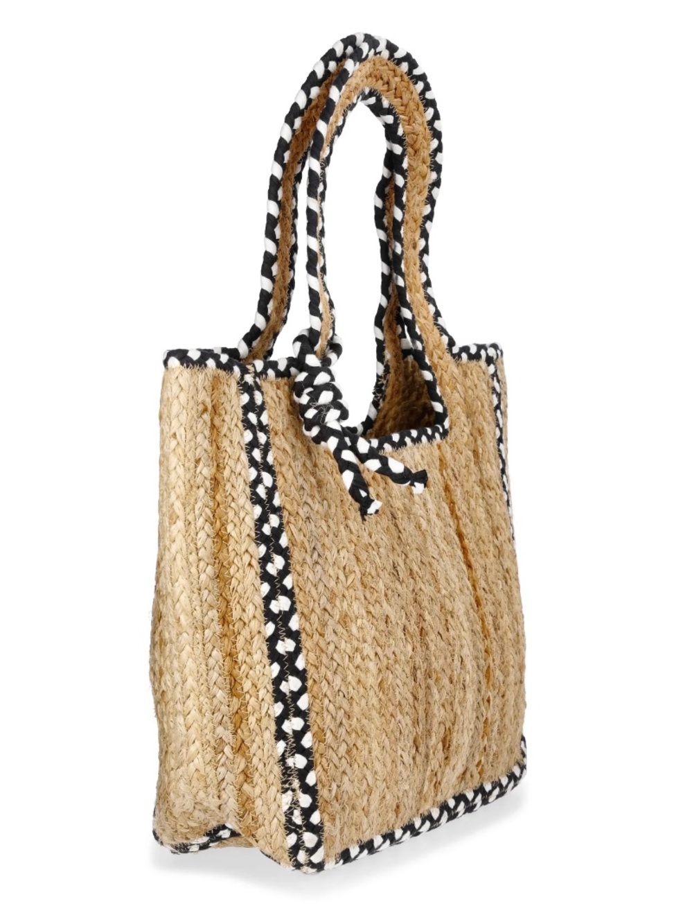 NOBO Woven Natural Straw Jute Tote with Black & White Trim